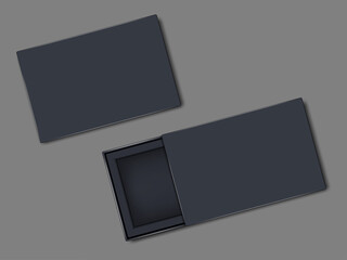 Dark blue cardboard box with lid - open and closed. Top view. Empty inside. Vector template. Paper packaging box, mockup