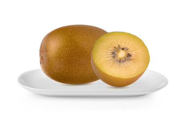 Wall Mural - Yellow kiwi fruit in white plate on white background