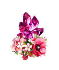 Wall Mural - Magenta, pink amethyst gem stone, crystal in pink flowers. Watercolor for tattoo or card