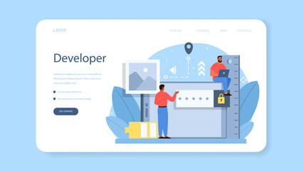 Poster - Mobile app development web banner or landing page. Modern