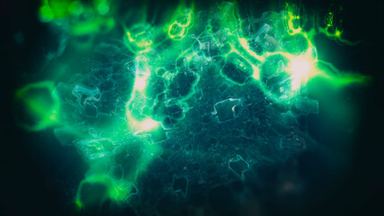 Poster - structure of small abstract elements flowing into each friend with glare blue-green, 3d render, blurred image
