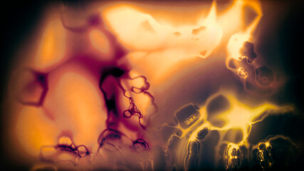 Poster - abstract composition of shapeless elements smoothly flowing  purple-orange-yellow color with highlights on a dark background, 3d render, blurred image