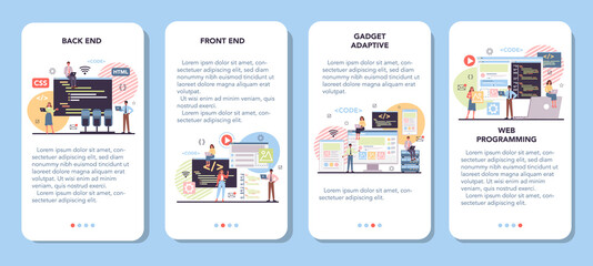 Programming mobile application banner set. Idea of working on the computer,