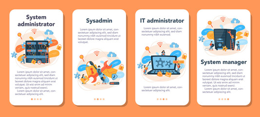 Poster - System administrator mobile application banner set. People working