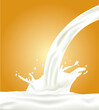 Abstract realistic milk drop with splashes isolated on gold background. vector illustration