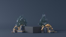 Blue Podium For Product Placement Decor By Christmas Tree Gift Boxes Ribbon	
