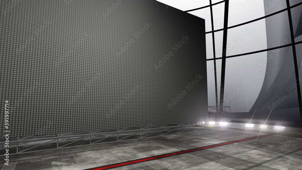 Angle view of a Virtual studio background with a big empty videowall display ideal for tv shows, commercials or events. Suitable on VR tracking system stage sets, with green screen. (3D rendering) - obrazy, fototapety, plakaty 