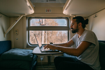 Wall Mural - Man with laptop on the train.