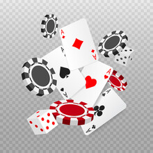 Falling Or Flying Aces Poker Cards, Playing Chips And Dice. Playing Card. Casino Advertising Banner. Vector Illustration Isolated On Transparent Background.