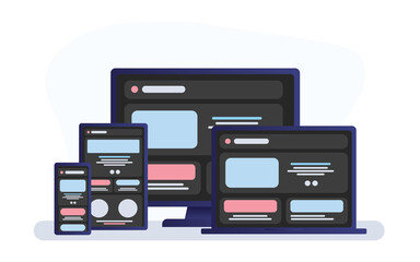 Aufkleber - Adaptive programming icons set. Multi device development, Dark mode. Responsive web design, The website is open on computer, laptop, tablet and smartphone. Flat vector /Icon illustration. 