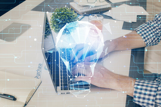 Growing arrows with businessman working on computer on background. Success concept. Double exposure.