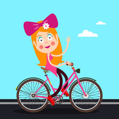 Sticker - Woman on Bicycle Cartoon - Pretty Red Haired Girl Waving Hand - Vector