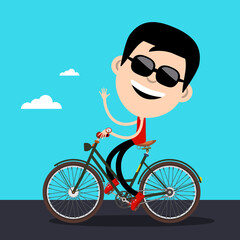 Poster - Smiling Man with Black Sunglasses Riding Bicycle Waving Hand - Vector Cartoon