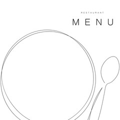 Wall Mural - Menu restaurant background. Plate and spoon line drawing vector illustration