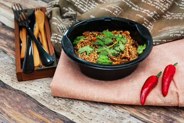 Wall Mural - Korean Japchae recipe with chicken, Sweet potato vermicelli, vegetables