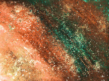 Abstract Watercolor Space Green Diagonal Textural Background With Brown, Red And White Paint Spray Spots, Strokes