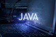 Java inscription against laptop and code background. Learn java programming language, computer courses, training.