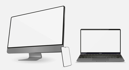 Poster - smartphone, tablet and laptop set with blank screen saver isolated on white background. realistic and detailed devices mockup. stock vector illustration