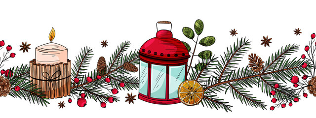 Seamless border of colorful Christmas and New Year decor. Baubles, light bulbs, glass, cinnamon, tree twig, pine cone, orange, candle, candlestick. Isolated vector on white background.