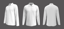 Blank White Collared Shirt Mockup With Half Zip, Front, Side And Back Views, Plain T-shirt Mockup, Tee Design Presentation For Print, 3d Rendering, 3d Illustration