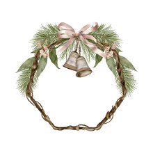 Christmas Boho Wood Wreath With Pine Branches, Ribbon And Flowers