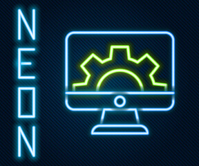 Glowing neon line Software, web development, programming concept icon isolated on black background. Programming language and program code on screen monitor. Colorful outline concept. Vector.