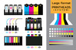 Printer cartridge set for learning and repairing example. Six type of printheads of wide format or Large format printer. Inkjet system vector illustration with layers.