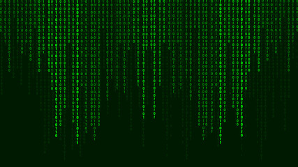 Green matrix background. Falling numbers on screen. Technology stream binary code. Digital vector illustration. Hacking concept.