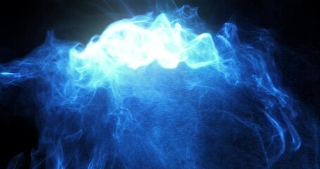 Poster - Abstract VJ background. Dancing smoke, fluid effect motion graphic. Blue flowing plasma and particles moving around in a fluid motion. 3D render, 4K loop.