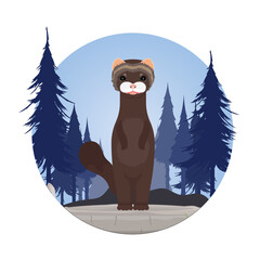 Wall Mural - The mink is standing on a stone in the forest. Print for T-shirts, cards or banners. Vector.