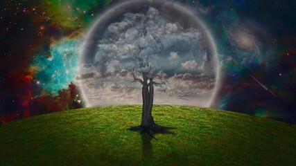 Wall Mural - Cloud tree on green lawn. 3D rendering