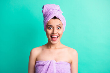 Canvas Print - Photo portrait of amazed girl with turban on head after bath wearing pink towel smiling opened mouth isolated bright teal color background