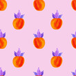 Ripe orange peaches, persimmons on a pink background. Seamless pattern illustration with acrylic.