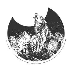 Naklejka na meble Howling wild wolf engraved sketch