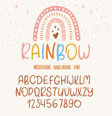 Wall Mural - Kids font. Typography alphabet with colorful child illustrations.