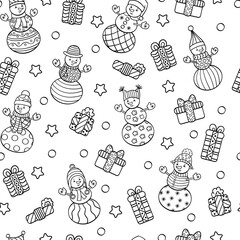 Wall Mural - Seamless pattern with snowmen and gifts, coloring page