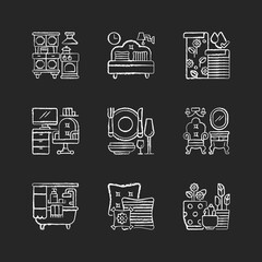 Sticker - Home furnishing chalk white icons set on black background. Kitchen appliances. Bedroom furniture. Wallpapers. Home workspace. Vintage style. Isolated vector chalkboard illustrations