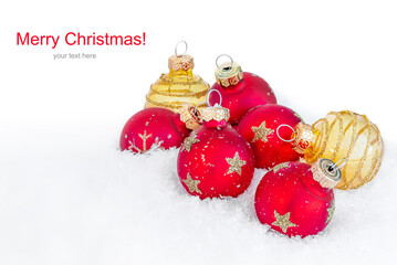 Wall Mural - christmas card with red balls and snow isolated on white background. festive christmas decoration .