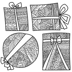 Wall Mural - Set of contour holiday boxes with bows, zen antistress coloring page with doodle patterns,