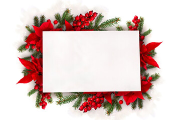 Christmas decoration. Frame of flowers of red poinsettia, branch christmas tree, red berries with white paper card note with space for text on white background. Top view, flat lay