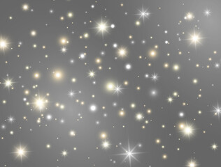 Wall Mural - glitter lights effect. magic dust particles. bright golden and white sparkles on grey background. sh