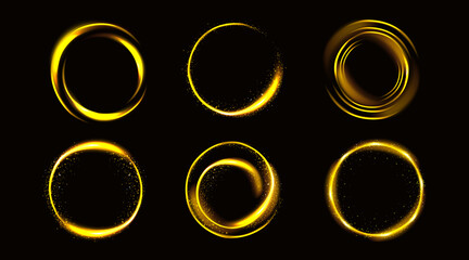 Poster - Gold circles with sparkles, golden round frames, shiny borders with glitter or fairy dust, glowing rings, fantasy design elements isolated on black background Realistic 3d vector illustration, set