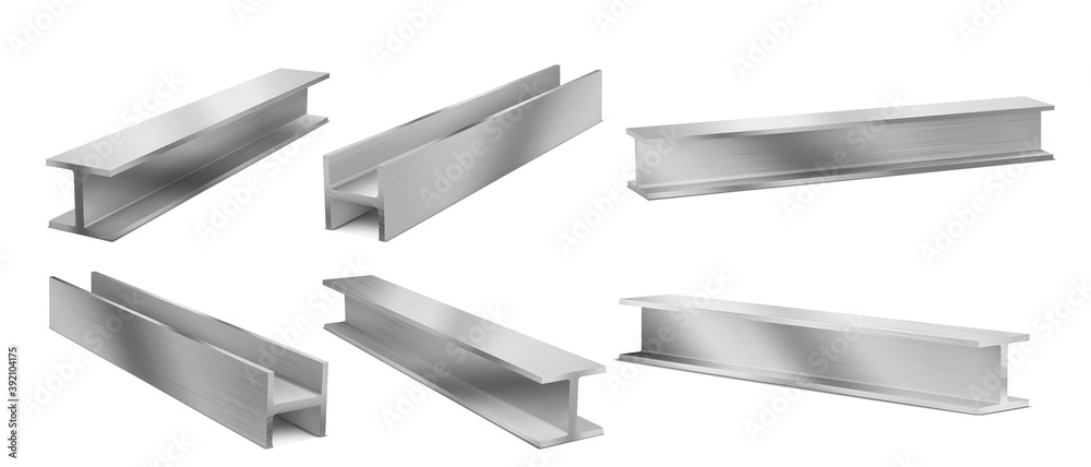 Metal construction beams, steel structure girders. Vector realistic set of stainless joist for building, iron structural profile isolated on white background. 3d illustration of strong i-beams - obrazy, fototapety, plakaty 