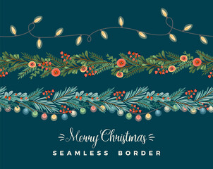 Wall Mural - Christmas and Happy New Year seamless borders. Garlands, needles, light bulbs, New Year symbols. Vector design.