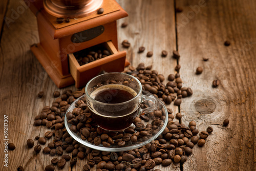 cup of coffee with coffee grinder Canvas Print