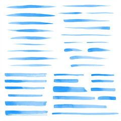 Poster - Set of vector watercolor brush strokes, uneven lines, water blue stripes, underlines, doodle streaks, gradient smears. Hand drawn design elements collection, text backgrounds with watercolour stains. 
