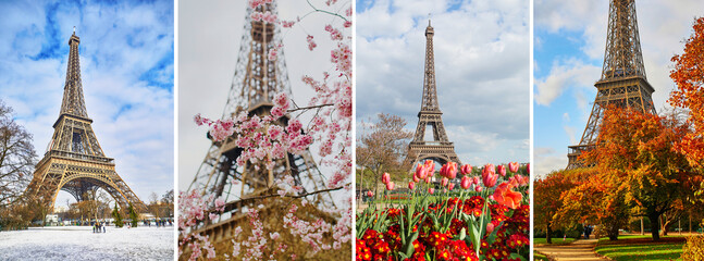 Wall Mural - Collage of four photos of the Eiffel tower during different seasons