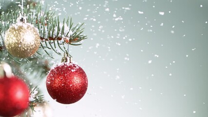 Wall Mural - christmas spruce branches with snowflakes falling. super slow motion filmed on high speed cinema cam