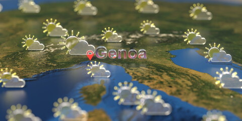 Partly cloudy weather icons near Genoa city on the map, weather forecast related 3D rendering