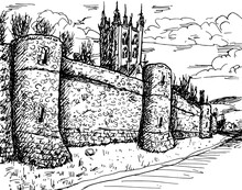 Stone Towers On The Large City Wall In Romanesque Style And Belfry At Canterbury. An Old Town With Medieval Heritage In Southern England. Ink Drawing.